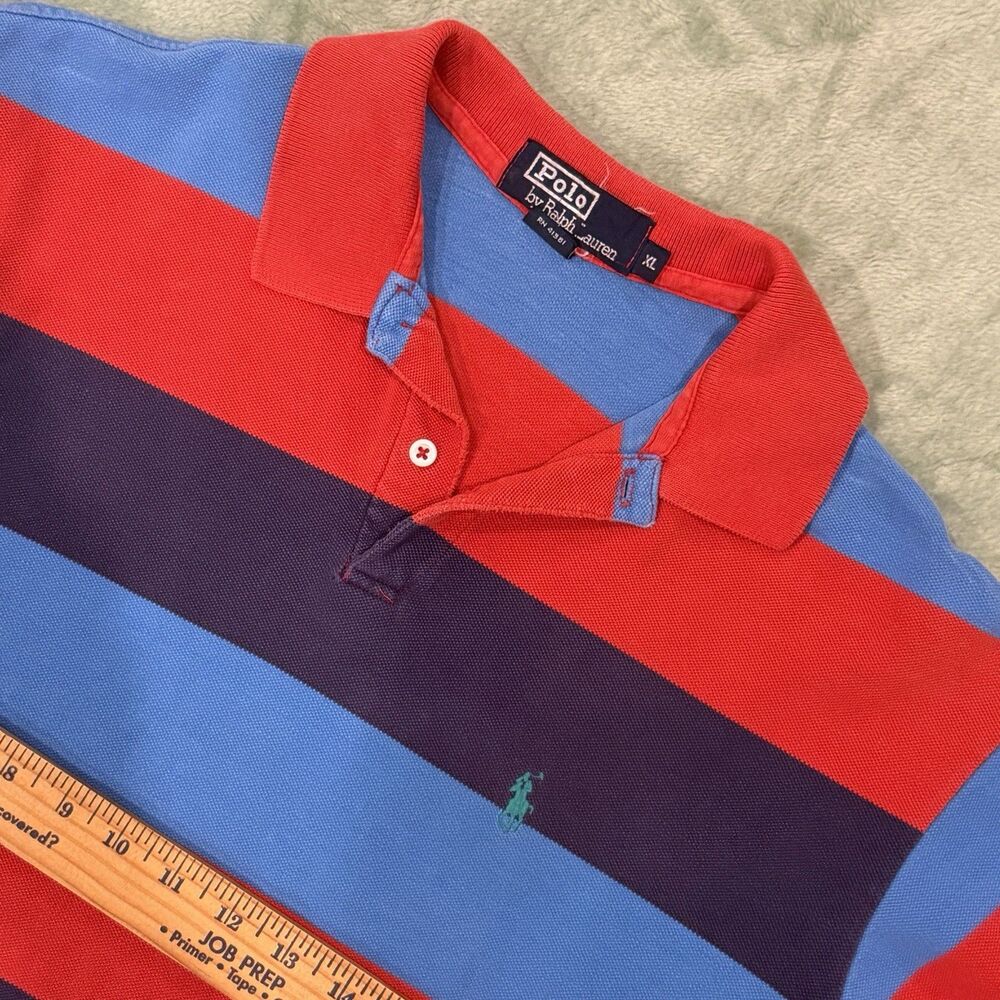 Vintage 90s Polo Ralph Lauren Mens XL Made in USA Red Blue Striped Polo Shirt